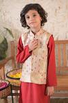 The Plum Bum_Gold Silk, Muslin, Cotton Embroidery Floral Pattern Nehru Jacket And Kurta Set _Online_at_Aza_Fashions