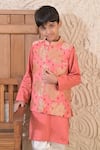 Shop_The Plum Bum_Pink Silk, Muslin, Cotton Floral Pattern Nehru Jacket And Kurta Set _at_Aza_Fashions