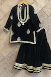 The Plum Bum_Black Velvet, Silk Embroidery, Zari, Tassels, Gota Patti Kurta Sharara Set _Online_at_Aza_Fashions