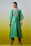 Buy_Anantaa By Roohi_Green Chanderi Silk Embroidery, Sequins Split V-neck Kaftan Kurta And Pant Set _at_Aza_Fashions