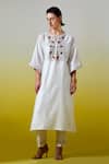 Buy_Anantaa By Roohi_Off White Chanderi Silk Embroidery, Sequins Split V-neck Kaftan Kurta And Pant Set _at_Aza_Fashions