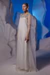 Samant Chauhan_Ivory Organza, Cotton Embroidery, Sequins Round Neck Embellished Kaftan _Online_at_Aza_Fashions