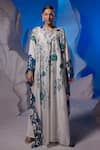 Buy_Samant Chauhan_Ivory Cotton, Silk Embroidery V-neck Floral Applique And Kaftan _at_Aza_Fashions