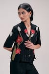 Buy_The Right Cut_Black Silk Embroidery, Sequins, Zari Collared, V-neck Floral Shirt _at_Aza_Fashions