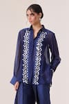 Buy_Needleten_Navy Vegan Silk, Organza Applique, Embroidery Collared Contrast Placket Shirt _at_Aza_Fashions