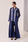 Needleten_Navy Vegan Silk, Organza Applique, Embroidery Collared Contrast Placket Shirt _at_Aza_Fashions