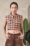 Buy_BAANI KHURANA_Brown Satin, Linen, Silk, Chiffon Collared Handwoven Pattern Jacket _at_Aza_Fashions