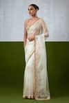 Ikshita Choudhary_White Organza, Chanderi Silk, Satin Embroidery, Zari, Hand Saree With Blouse _at_Aza_Fashions