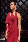 Supria Munjal_Wine Crepe Asymmetric, One Shoulder, Halter Neck High Slit Draped Gown _Online_at_Aza_Fashions