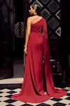 Shop_Supria Munjal_Wine Crepe Asymmetric, One Shoulder, Halter Neck High Slit Draped Gown _at_Aza_Fashions