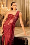 Shop_Supria Munjal_Wine Organza Fringe, Sequins One Shoulder Dress _Online_at_Aza_Fashions