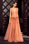 Buy_Supria Munjal_Orange Tulle Embroidery V-neck Embellished Crimped Gown _at_Aza_Fashions