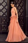 Supria Munjal_Orange Tulle Embroidery V-neck Embellished Crimped Gown _Online_at_Aza_Fashions