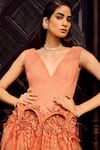 Buy_Supria Munjal_Orange Tulle Embroidery V-neck Embellished Crimped Gown _Online_at_Aza_Fashions