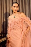Supria Munjal_Pink Tulle Ruffles, Fabric Flowers Off-shoulder Off Sheath Dress _Online_at_Aza_Fashions