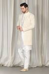 Buy_Aham-Vayam_Ivory Cotton Embroidery, Sequins Pavitra Geometric Sherwani Set _Online_at_Aza_Fashions