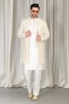 Buy_Aham-Vayam_Ivory Cotton Embroidery, Sequins Pavitra Geometric Sherwani Set _at_Aza_Fashions
