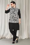 Buy_Aham-Vayam_Black Cotton, Silk Embroidery Phool Nehru Jacket Kurta Set _at_Aza_Fashions