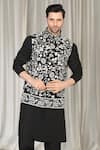 Aham-Vayam_Black Cotton, Silk Embroidery Phool Nehru Jacket Kurta Set _Online