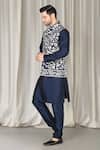 Shop_Aham-Vayam_Navy Cotton, Silk Embroidery Phool Nehru Jacket Kurta Set _Online_at_Aza_Fashions