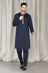 Aham-Vayam_Navy Cotton, Silk Embroidery Kashmiriyat Sherwani Jacket Set _Online_at_Aza_Fashions