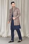 Shop_Aham-Vayam_Navy Cotton, Silk Embroidery Kashmiriyat Sherwani Jacket Set 