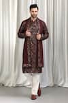 Aham-Vayam_Brown Cotton Embroidery, Metallic Thread Geometric Kurta Pant Dupatta Set 