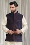 Buy_Aham-Vayam_Blue Velvet, Cotton Khaas Floral Pattern Nehru Jacket _at_Aza_Fashions