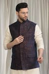 Aham-Vayam_Blue Velvet, Cotton Khaas Floral Pattern Nehru Jacket _at_Aza_Fashions