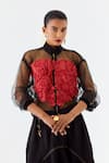 Buy_Jajaabor_Black Net, Cotton, Linen Applique, Embroidery High Bomber Jacket And Skirt Set 
