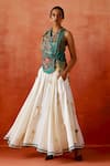 Buy_Jajaabor_Green Chanderi Embroidery, Sequins, Fabric Flowers, Tassels Jacket And Skirt Set _at_Aza_Fashions