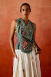 Shop_Jajaabor_Green Chanderi Embroidery, Sequins, Fabric Flowers, Tassels Jacket And Skirt Set _Online_at_Aza_Fashions