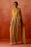 Buy_Jajaabor_Yellow Jersey High Neck, Pre-draped Saree Set With Bodysuit _at_Aza_Fashions
