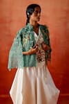 Buy_Jajaabor_Ivory Silk, Chanderi, Denim Embroidery, Beads Racerback, Cutwork Cape Skirt Set _Online_at_Aza_Fashions
