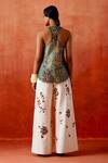 Shop_Jajaabor_Green Chanderi Silk, Denim Embroidery Halter Neck Jacket And Pant Set _at_Aza_Fashions