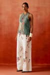Buy_Jajaabor_Green Chanderi Silk, Denim Embroidery Halter Neck Jacket And Pant Set _Online_at_Aza_Fashions