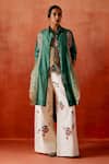 Buy_Jajaabor_Green Chanderi Silk, Denim Embroidery Collared Jacket Palazzo Set _at_Aza_Fashions