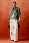 Buy_Jajaabor_Green Chanderi Silk, Denim Embroidery Collared Jacket Palazzo Set _Online_at_Aza_Fashions