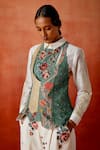 Shop Jajaabor Ivory Chanderi Silk, Denim Embroidery Collared, Open Neck Jacket Pant Set Online at Aza Fashions Shop_Jajaabor_Ivory Chanderi Silk, Denim Embroidery Collared, Open Neck Jacket Pant Set _Online_at_Aza_Fashions