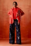 Buy_Jajaabor_Red Silk Organza, Denim Embroidery, Cut Work Open Neck Trench Jacket And Pant Set _at_Aza_Fashions