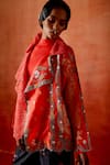 Shop_Jajaabor_Red Silk Organza, Denim Embroidery, Cut Work Open Neck Trench Jacket And Pant Set _Online_at_Aza_Fashions