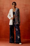 Buy_Jajaabor_Ivory Chanderi Silk, Denim Cut Work, Embroidery Colorblock Jacket And Pant Set _at_Aza_Fashions