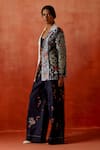 Jajaabor_Ivory Chanderi Silk, Denim Cut Work, Embroidery Colorblock Jacket And Pant Set _Online_at_Aza_Fashions