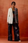 Jajaabor_Ivory Chanderi Silk, Denim Cut Work, Embroidery Colorblock Jacket And Pant Set _at_Aza_Fashions