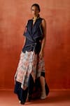Buy_Jajaabor_Blue Denim, Chanderi Silk Embroidery V-neck Overlap Jacket And Skirt Set _Online_at_Aza_Fashions