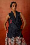 Shop_Jajaabor_Blue Denim, Chanderi Silk Embroidery V-neck Overlap Jacket And Skirt Set _Online_at_Aza_Fashions