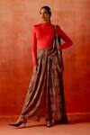 Buy_Jajaabor_Brown Jersey High Neck Printed Pre-draped Saree With Bodysuit _at_Aza_Fashions