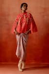 Buy_Jajaabor_Red Chanderi , Organza High Cutwork Cape With Knotted Pull Up Dress _at_Aza_Fashions