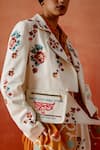 Shop Jajaabor Ivory Denim, Silk, Chanderi Embroidery Collared Biker Jacket And Pant Set Shop_Jajaabor_Ivory Denim, Silk, Chanderi Embroidery Collared Biker Jacket And Pant Set