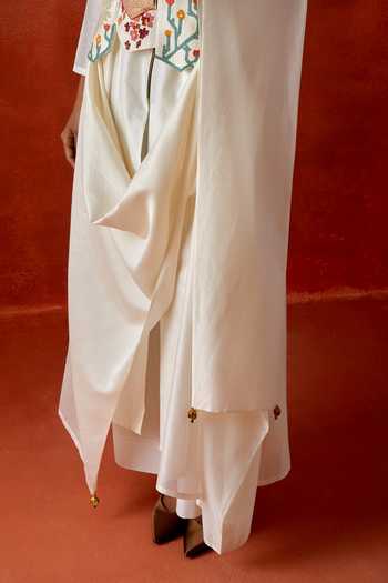Jajaabor_Ivory Chanderi Silk Embroidery Mandarin Collar Angarkha Jacket And Kurta Set _Online_at_Aza_Fashions